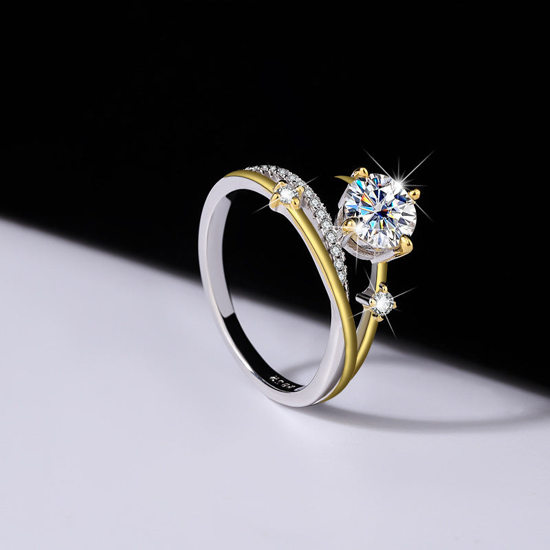 New One Carat Four-Prong Inlaid Sterling Silver Gold Color-Blocked Moissanite Simulated Diamond Women's Ring Direct Sale