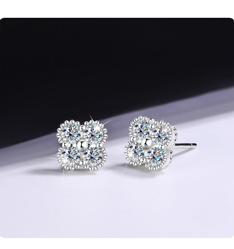 S925Sterling Silver Moissanite Clover Earrings for Women, Light Luxury Niche High-end Flower Full Diamond Xiaohongshu Hot Style