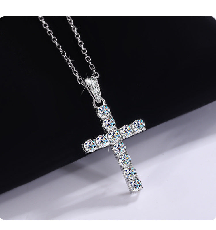 Exclusive for cross-border S925Sterling Silver Cross Necklace for Women with Moissanite Diamond Pendant, Popular Collarbone Chain for Live Streaming Wholesale