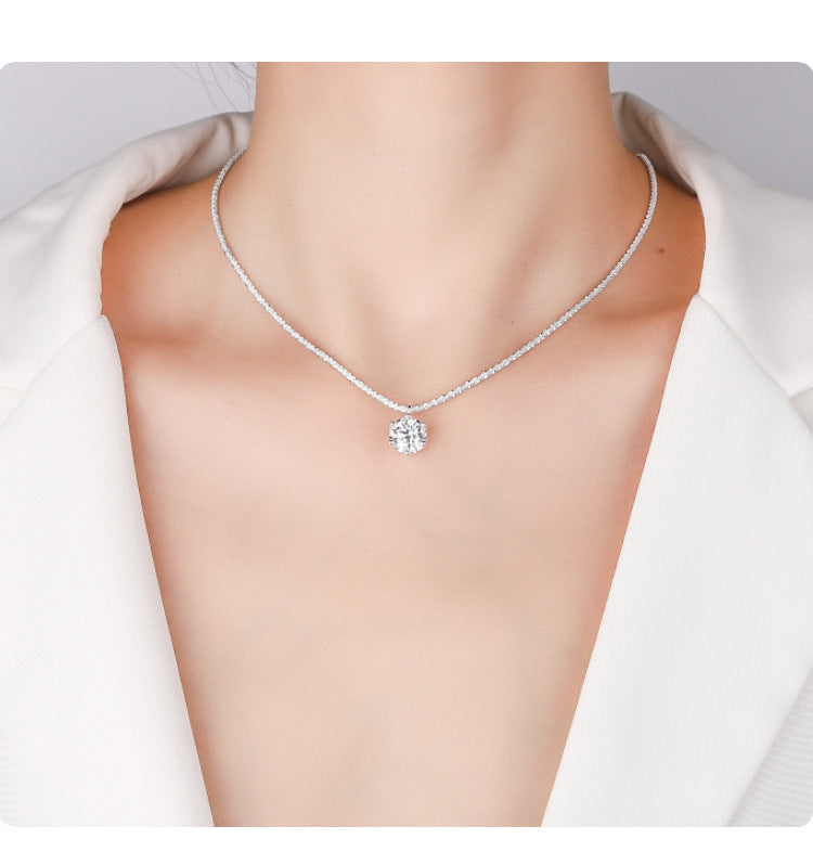 Cross-Border S925Pure Silver Sparkling Cauliflower Chain Moissanite Six-Claw Necklace for Women Niche Light Luxury Fashion Collarbone Chain