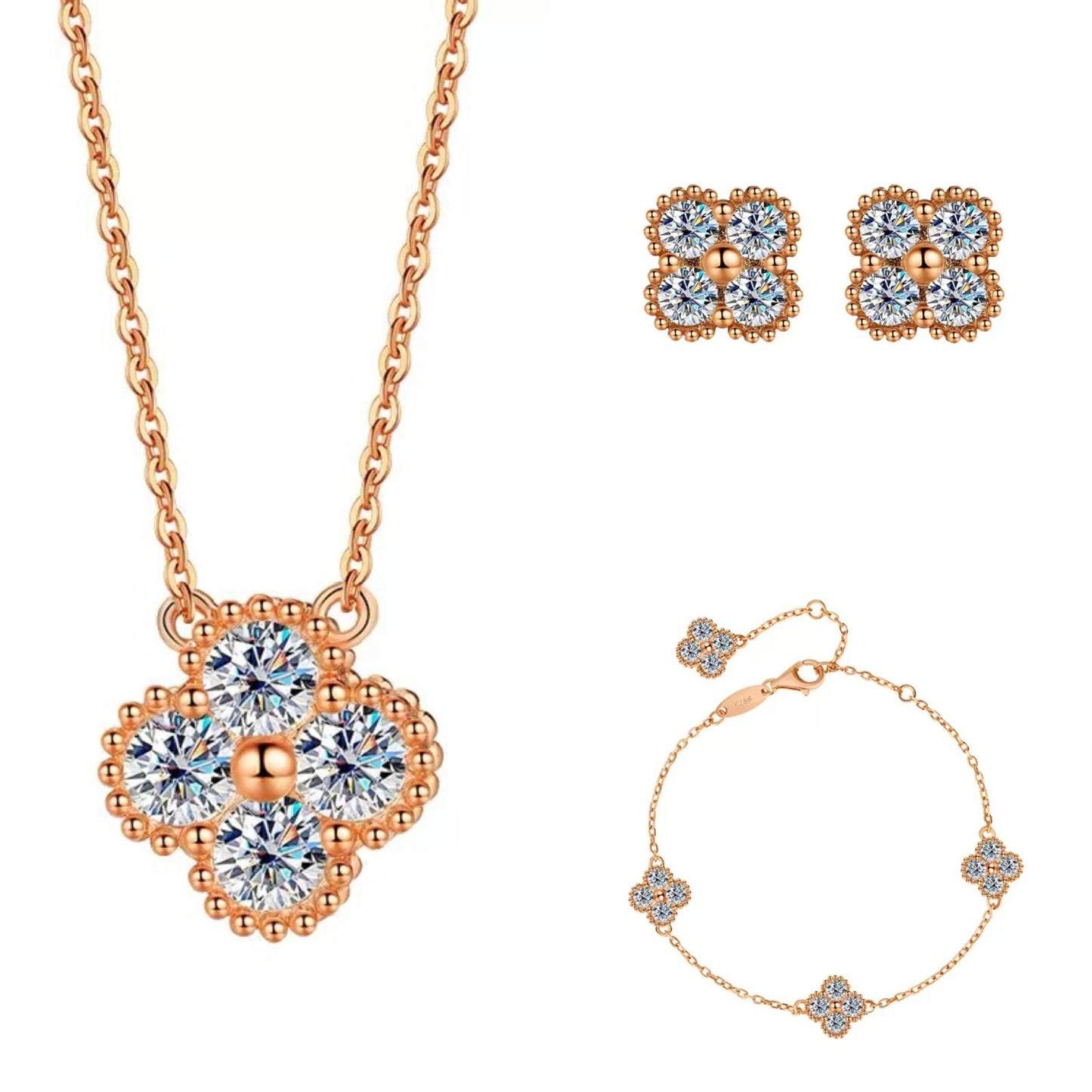 Cross-border hot selling S925Silver Moissanite Champagne Gold Four-Leaf Clover Three-Piece Set Earrings Bracelet Necklace for Women Factory Wholesale