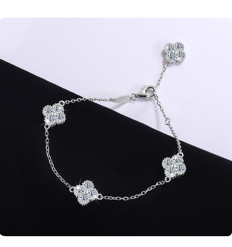 S925Silver Moissanite Four-Leaf Clover Bracelet Moissanite Simple Women's Bracelet TikTok Kuaishou Live Streaming Factory Direct Sale