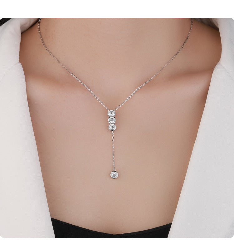 Cross-Border S925Pure Silver Tassel Necklace for Women with Moissanite Diamond Pendant, Simple and Luxurious Versatile Collarbone Chain, Wholesale from Manufacturer