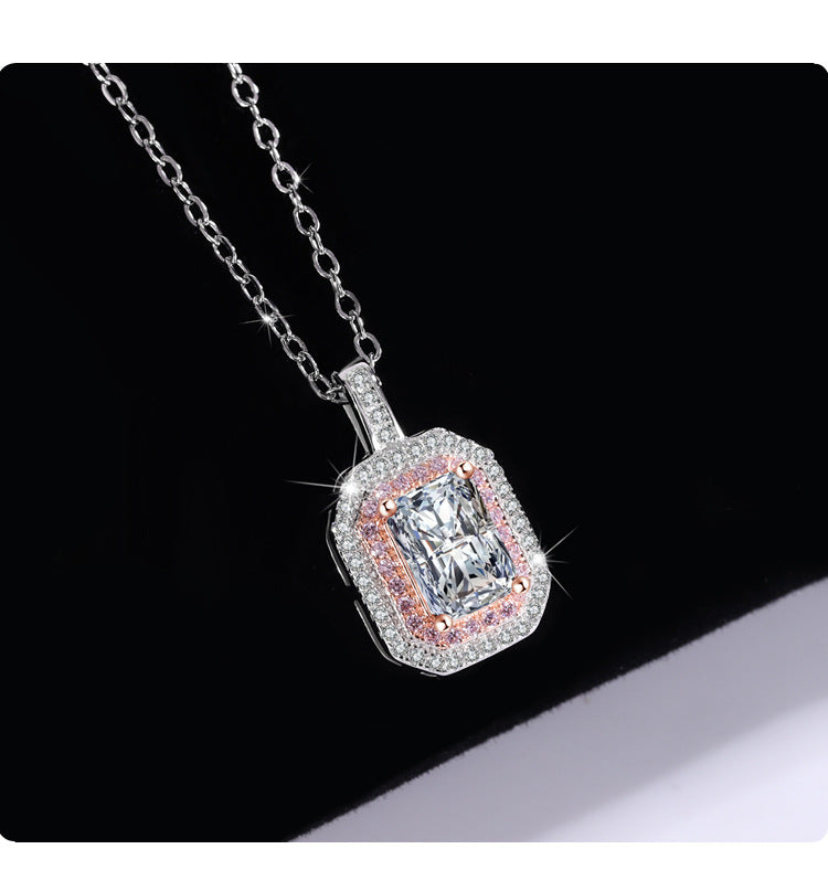 Cross-Border S925Sterling Silver Necklace Color-Blocked Square Bag Sugar Cube Radiant Moissanite Diamond Pendant Collarbone Chain Live Wholesale