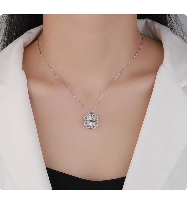 Cross-border Exclusive Pure Silver S925Four-leaf Clover Necklace for Women, Light Luxury Moissanite Diamond Collarbone Chain, Flower-shaped Pendant Wholesale