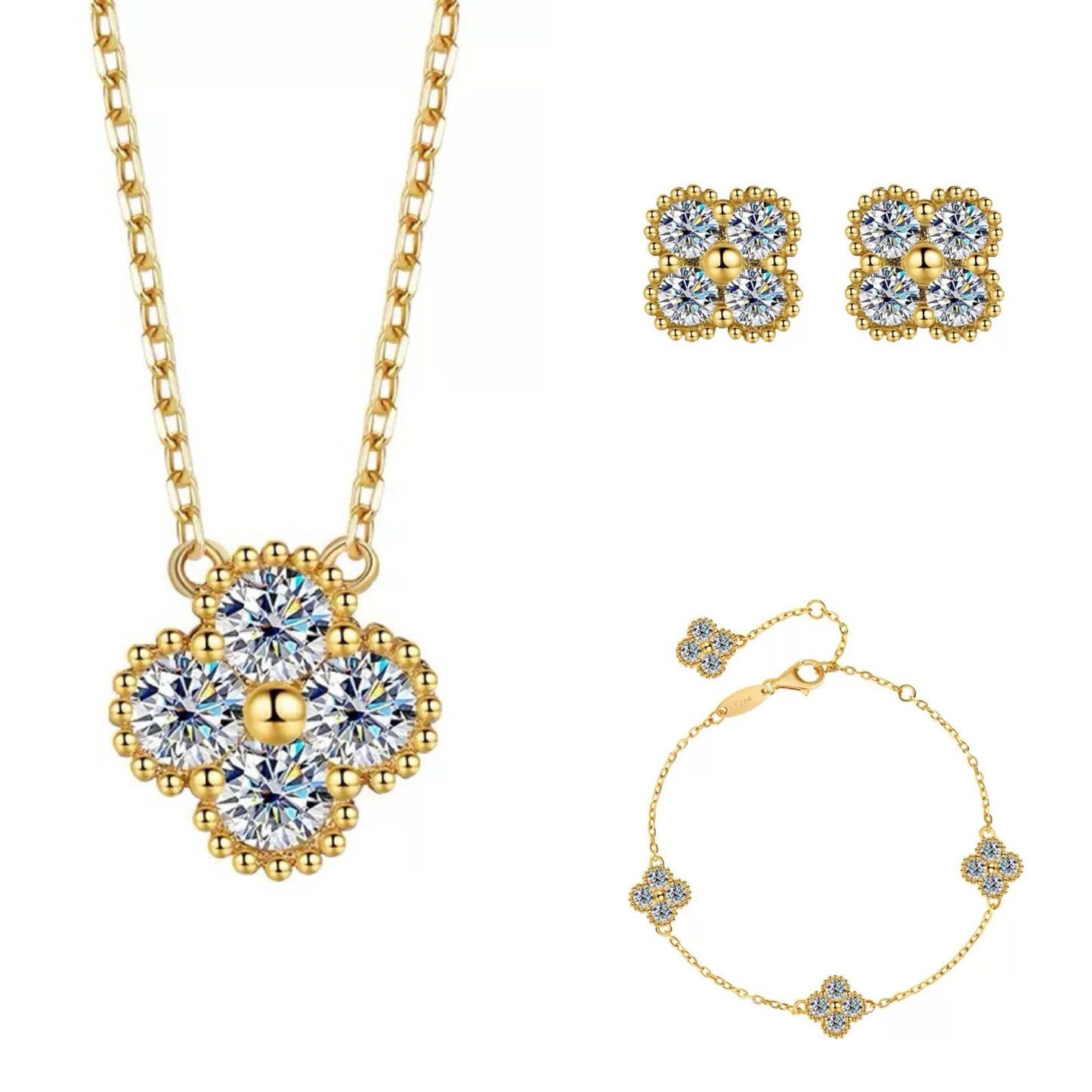 Cross-Border925Sterling Silver Moissanite Four-Leaf Clover Three-Piece Set Bracelet Necklace Women's Earrings Plated18K Factory Wholesale Live Streaming