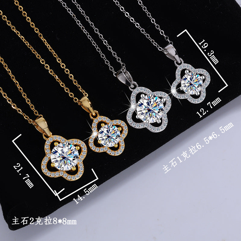 S925Pure Silver Moissanite Flower Necklace Four-Leaf Clover Pendant Light Luxury High-End Moissanite Collarbone Chain Factory Wholesale