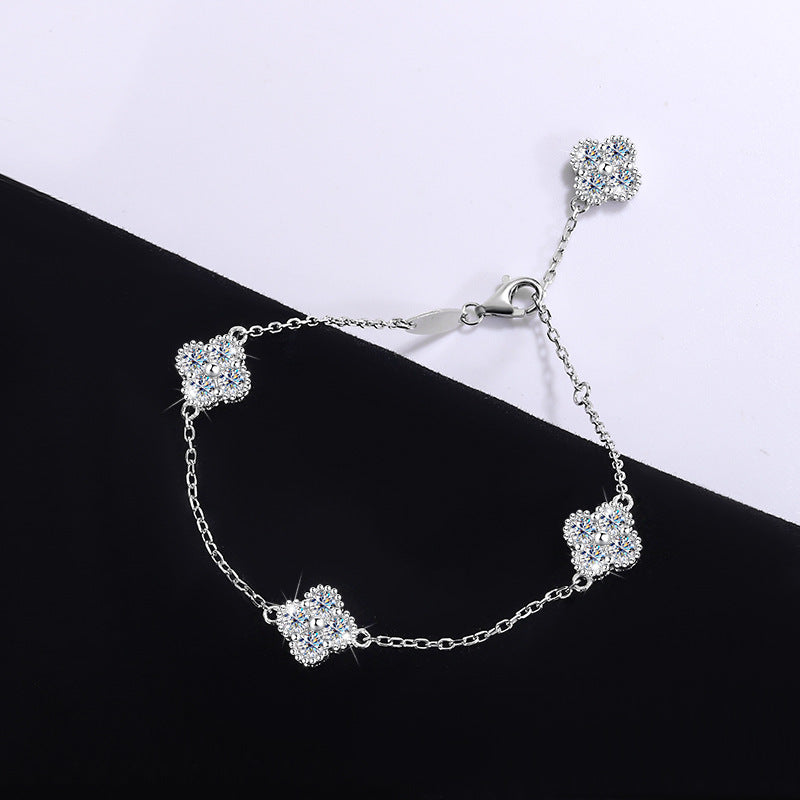 S925Sterling Silver Moissanite Four-Leaf Clover Three-Piece Set Bracelet Necklace Women's Earrings Multiple Styles TikTok Live Factory Wholesale