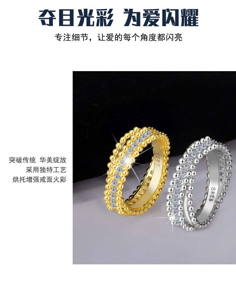 Cross-Border S925Sterling Silver Kaleidoscope Bead Edge Twist Arm Cross Full Diamond Moissanite Ring for Women Starry Sky Versatile Band Ring