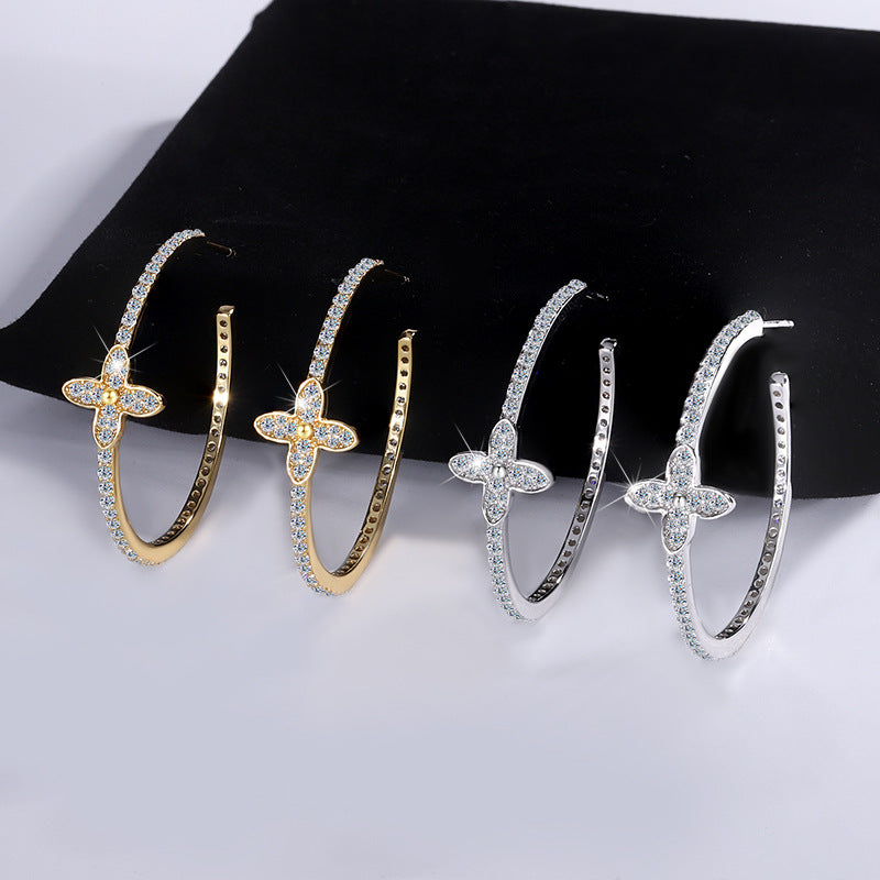 A3  S925Sterling Silver Moissanite Flower Large Hoop Earrings Elegant French Style Ear Jewelry Manufacturer Wholesale