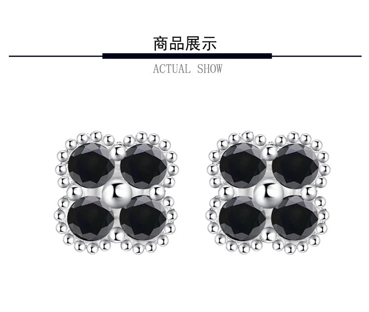 Cross-border hot S925Sterling Silver Black Moissanite Four-Leaf Clover Earrings Light Luxury High-End Jewelry Flower Full Diamond Wholesale