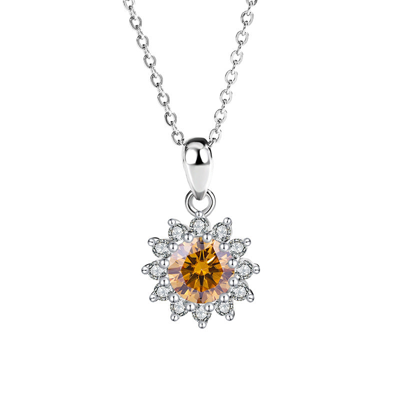 Genuine Moissanite Necklace for Women, Pure Silver Sunflower Diamond Pendant, Women's Light Luxury Versatile Collarbone Chain, Birthday Gift