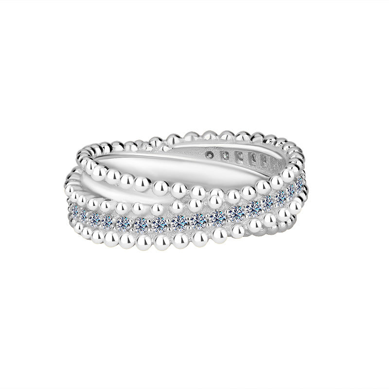 Cross-Border S925Sterling Silver Kaleidoscope Bead Edge Twist Arm Cross Full Diamond Moissanite Ring for Women Starry Sky Versatile Band Ring