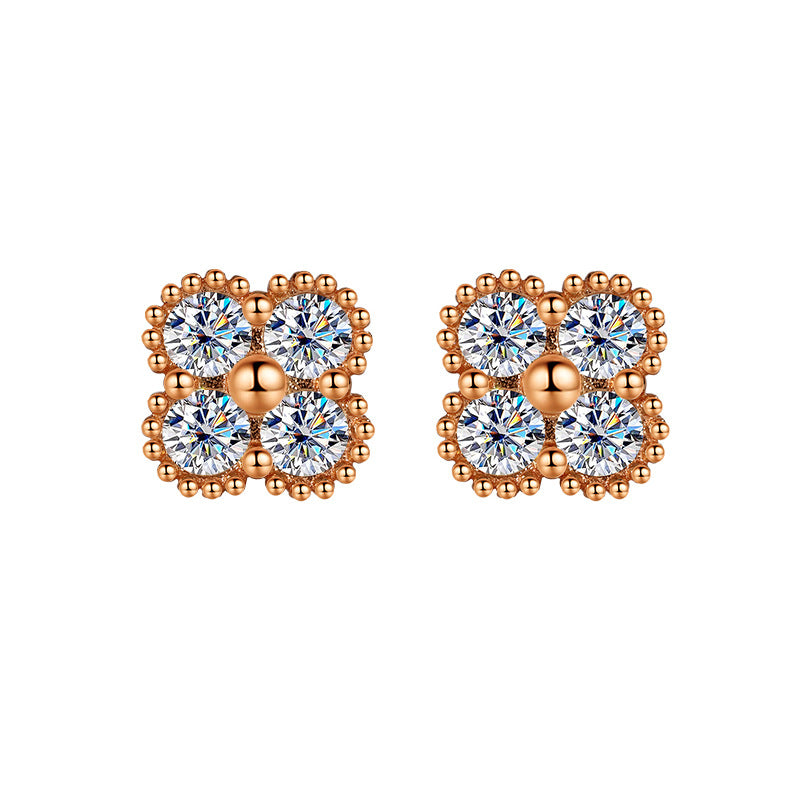 S925Sterling Silver Moissanite Clover Earrings for Women, Light Luxury Niche High-end Flower Full Diamond Xiaohongshu Hot Style
