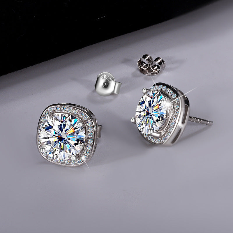Factory direct sales S925Pure Silver Luxury Square Bag Earrings for Women Moissanite Earrings Elegant High-end Moissanite Stud Earrings