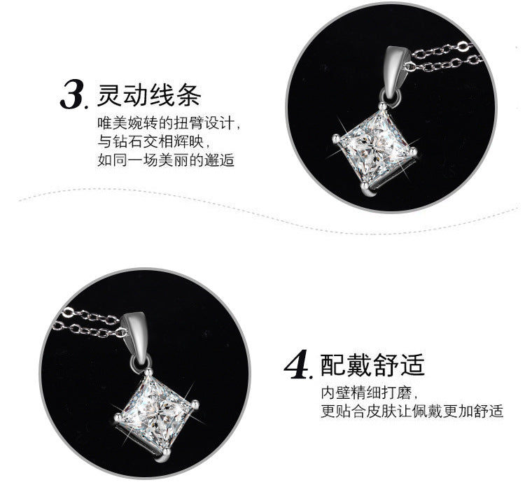 Cross-border hot selling S925Sterling Silver Princess Cut Moissanite Pendant Necklace for Women Collarbone Chain Pendant Valentine's Day Gift