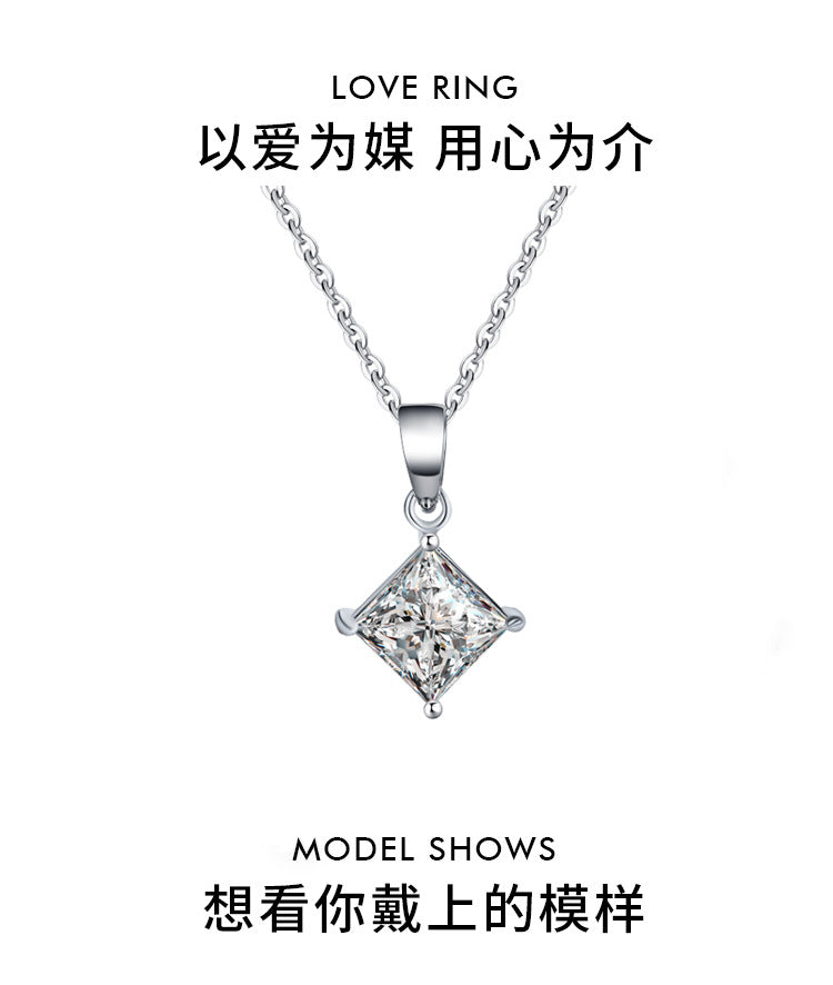 Cross-border hot selling S925Sterling Silver Princess Cut Moissanite Pendant Necklace for Women Collarbone Chain Pendant Valentine's Day Gift
