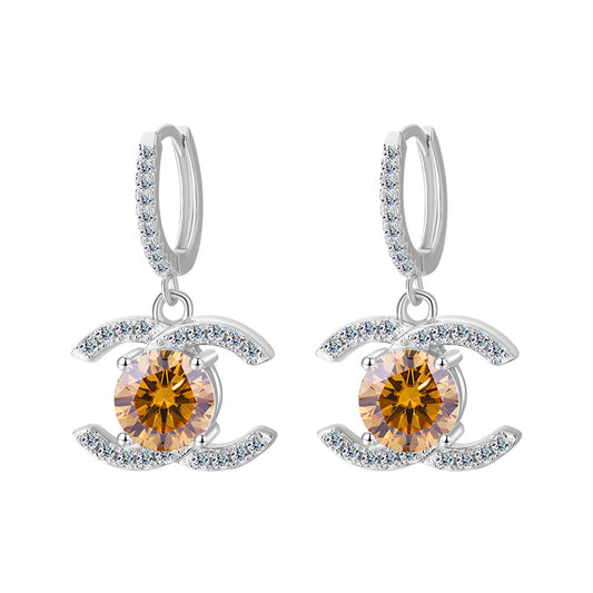 Europe and America925Sterling Silver Double C Chanel Style Moissanite Earrings for Women, Korean and Japanese High-End Moissanite Earrings, Factory Wholesale