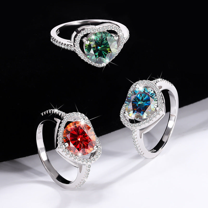 Exclusive for cross-border S925Silver Heart Women's Ring Colorful Moissanite Ring Women's Pure Silver White Gold Diamond Simulated Diamond Wholesale
