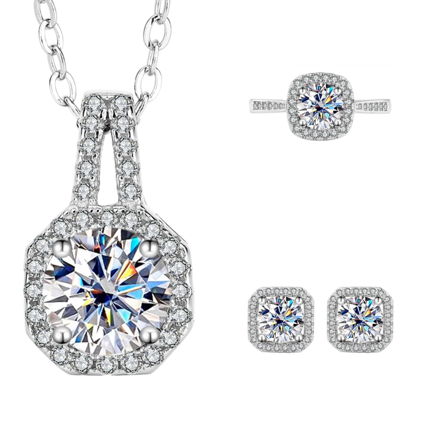 Cross-Border S925Sterling Silver Moissanite Square Bag Three-Piece Set Women's Ring Necklace Women's Earrings TikTok Live Factory Wholesale