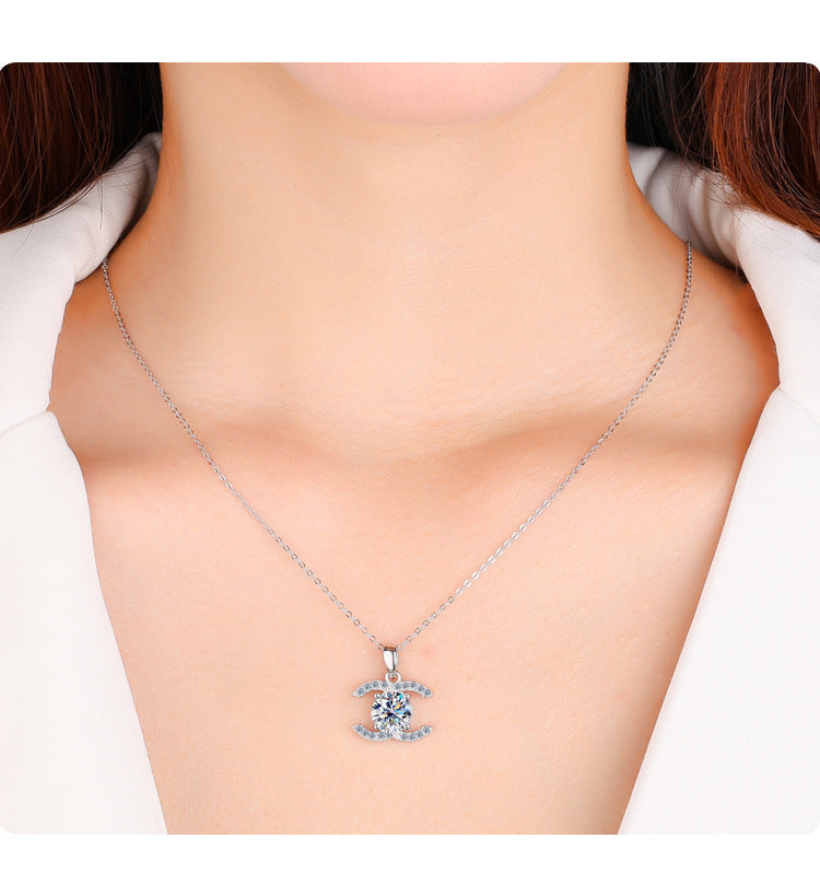 Europe and america cross border S925Pure Silver Moissanite Double C Pendant Chanel Style Elegant Versatile Full Diamond Necklace Factory Wholesale