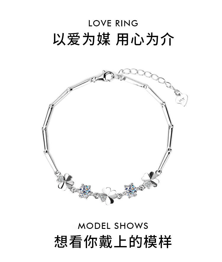 New S925Sterling Silver Moissanite Four-Leaf Clover Bracelet Fashion Women's Bracelet TikTok Kuaishou Live Streaming Factory Direct Sale