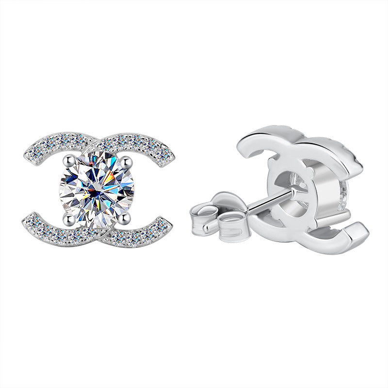 Best seller in europe and america925Sterling Silver Double C Moissanite Earrings for Women Moissanite Diamond Earrings Chanel Style High-end Feel Factory Wholesale