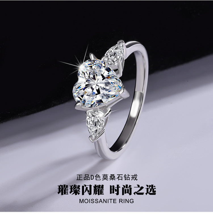 Exclusive for cross-border925Sterling Silver Plated pt950Platinum Inlaid Heart-shaped Moissanite Diamond Ring Proposal Interstitial Ring Wholesale