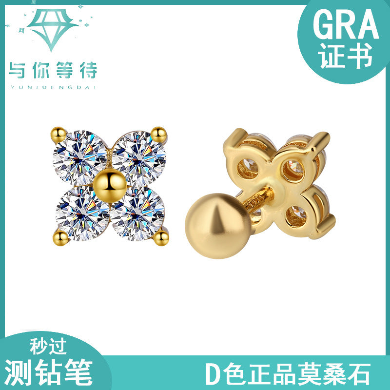 Exclusive for cross-border S925Sterling Silver Moissanite Four-Leaf Clover Screw Earrings High-End Jewelry Flower Full Diamond Factory Wholesale