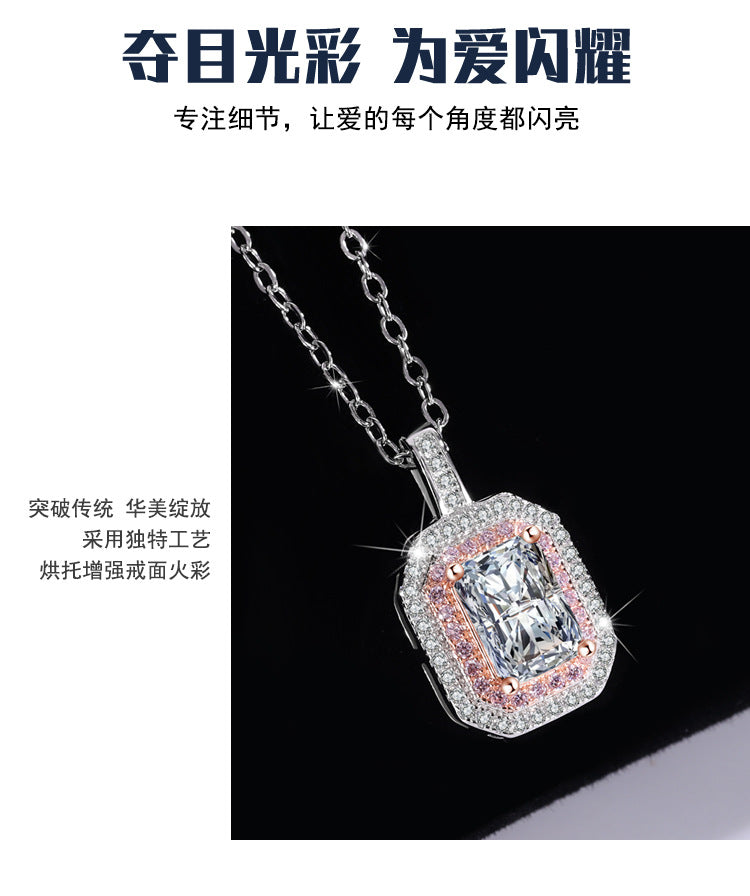 Cross-Border S925Sterling Silver Necklace Color-Blocked Square Bag Sugar Cube Radiant Moissanite Diamond Pendant Collarbone Chain Live Wholesale