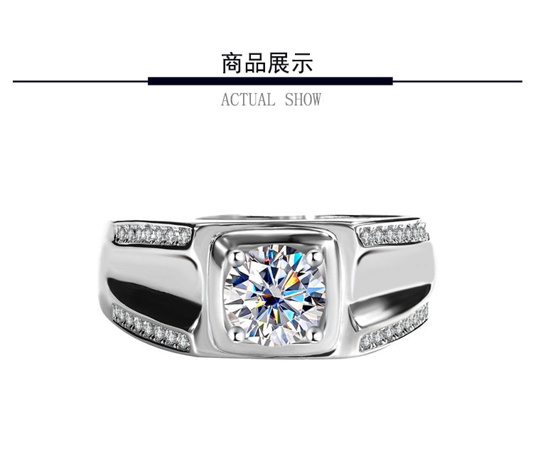 Source Manufacturer S925Pure Silver Moissanite Men's Ring1Carat Double Row Micro Inlaid Large Men's Ring Luxury European and American Fashion