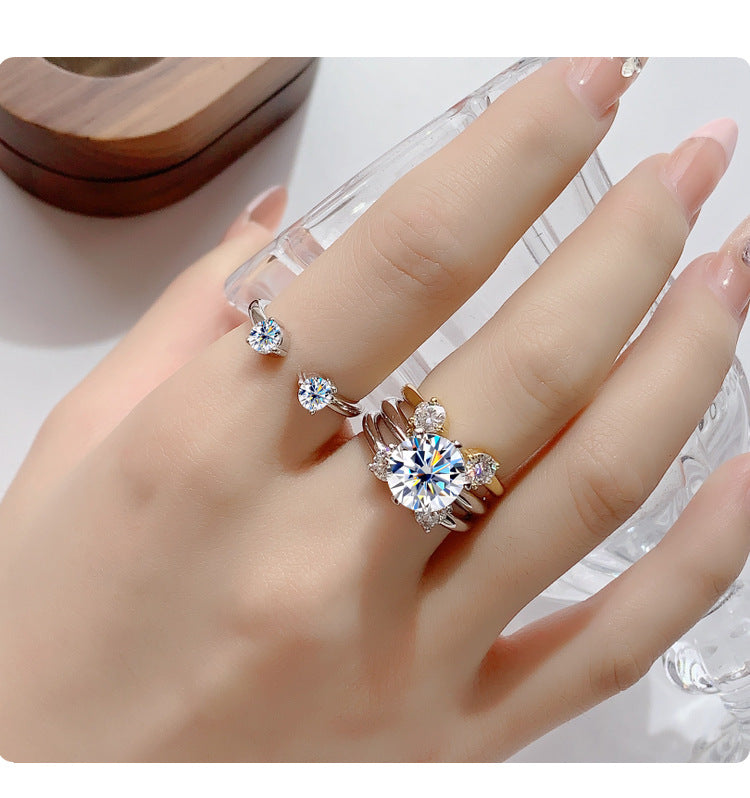 Cross-border hot selling S925Sterling Silver Couple Companion Rings Moissanite Diamond Set Rings Stackable Women's Rings Factory Wholesale