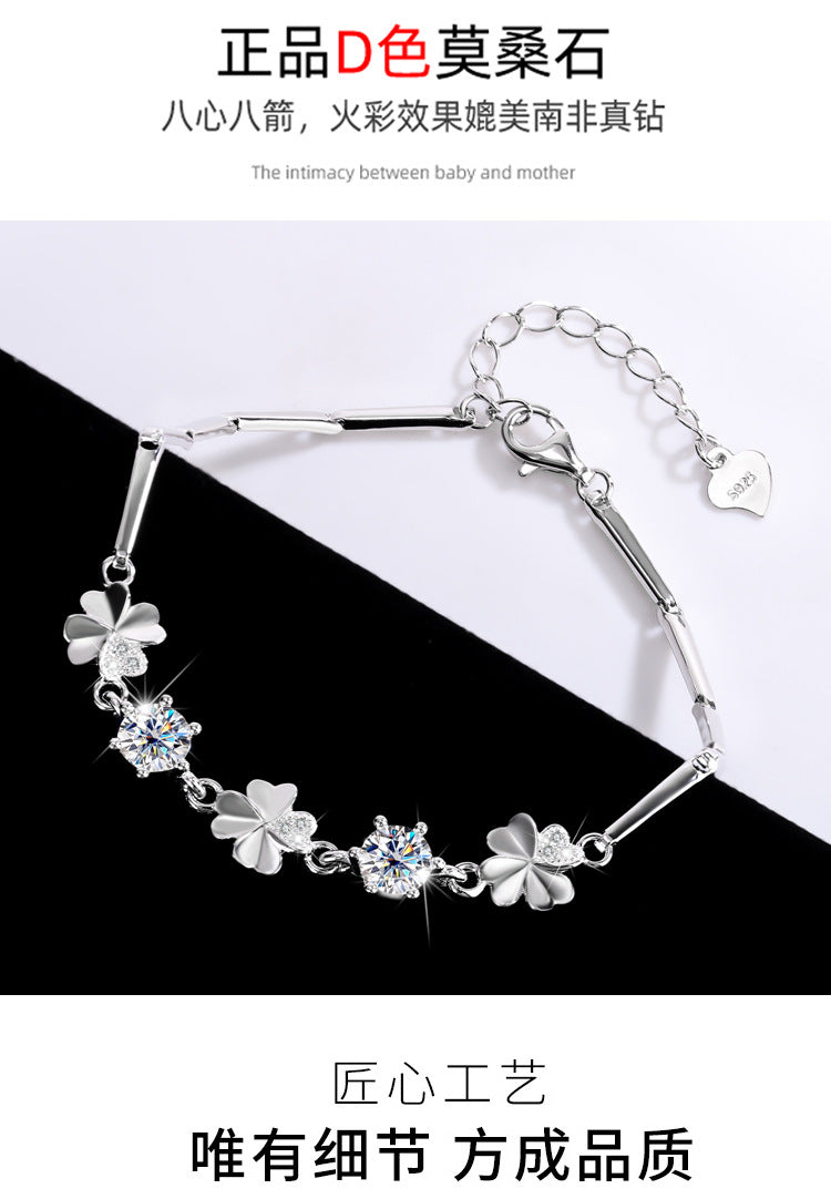 New S925Sterling Silver Moissanite Four-Leaf Clover Bracelet Fashion Women's Bracelet TikTok Kuaishou Live Streaming Factory Direct Sale