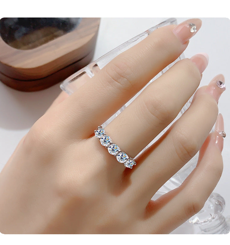 Cross-border foreign trade S925Silver Moissanite Five-Star Princess Row Ring Simple Fashion Moissanite Diamond Ring for Women Factory Wholesale