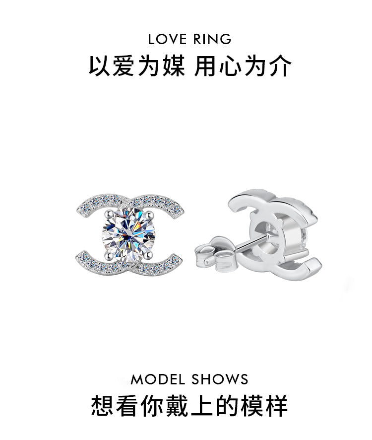 Best seller in europe and america925Sterling Silver Double C Moissanite Earrings for Women Moissanite Diamond Earrings Chanel Style High-end Feel Factory Wholesale