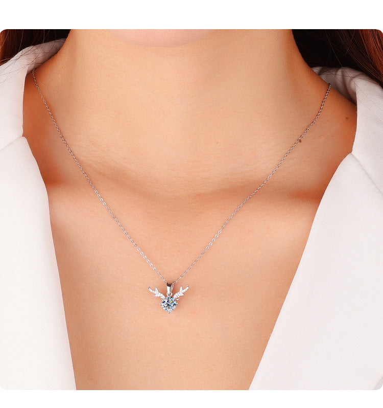 Cross-border Factory Wholesale S925Sterling Silver Moissanite Necklace with Deer Antler Pendant Fashionable High-end Versatile