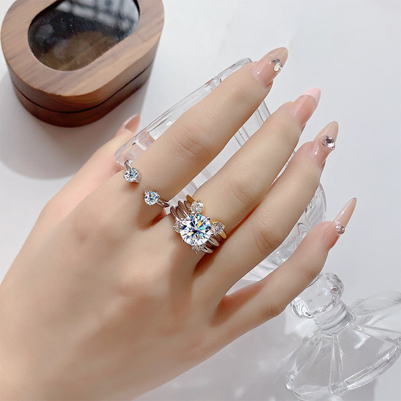 Cross-border hot selling S925Sterling Silver Couple Companion Rings Moissanite Diamond Set Rings Stackable Women's Rings Factory Wholesale