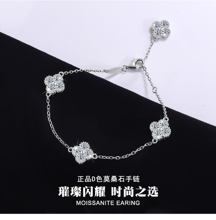 S925Silver Moissanite Four-Leaf Clover Bracelet Moissanite Simple Women's Bracelet TikTok Kuaishou Live Streaming Factory Direct Sale