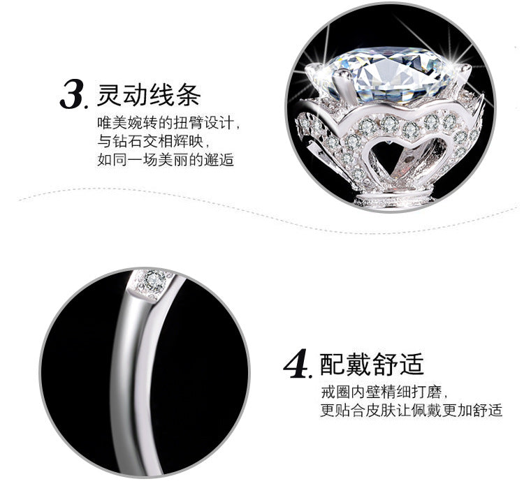 Exclusive for cross-border S925Silver Rose Fountain Colorful Moissanite Ring for Women Pure Silver Platinum Diamond Imitation Diamond Wholesale