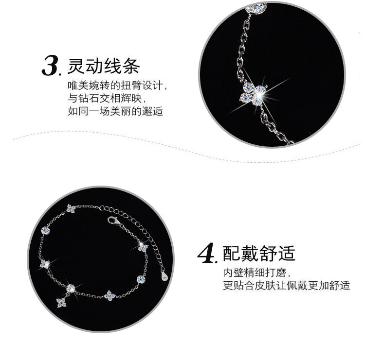 Cross-border hot selling S925Silver Platinum Plated Moissanite Four-Leaf Clover Bracelet Gift High-End Exquisite Light Luxury Style Wholesale