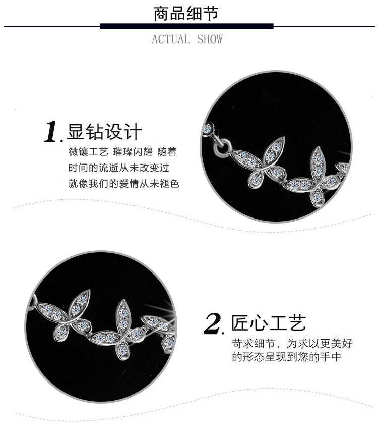Cross-border hot selling S925Sterling Silver Butterfly Clover Full Diamond Moissanite Necklace for Women Collarbone Chain Clover Sweater Chain