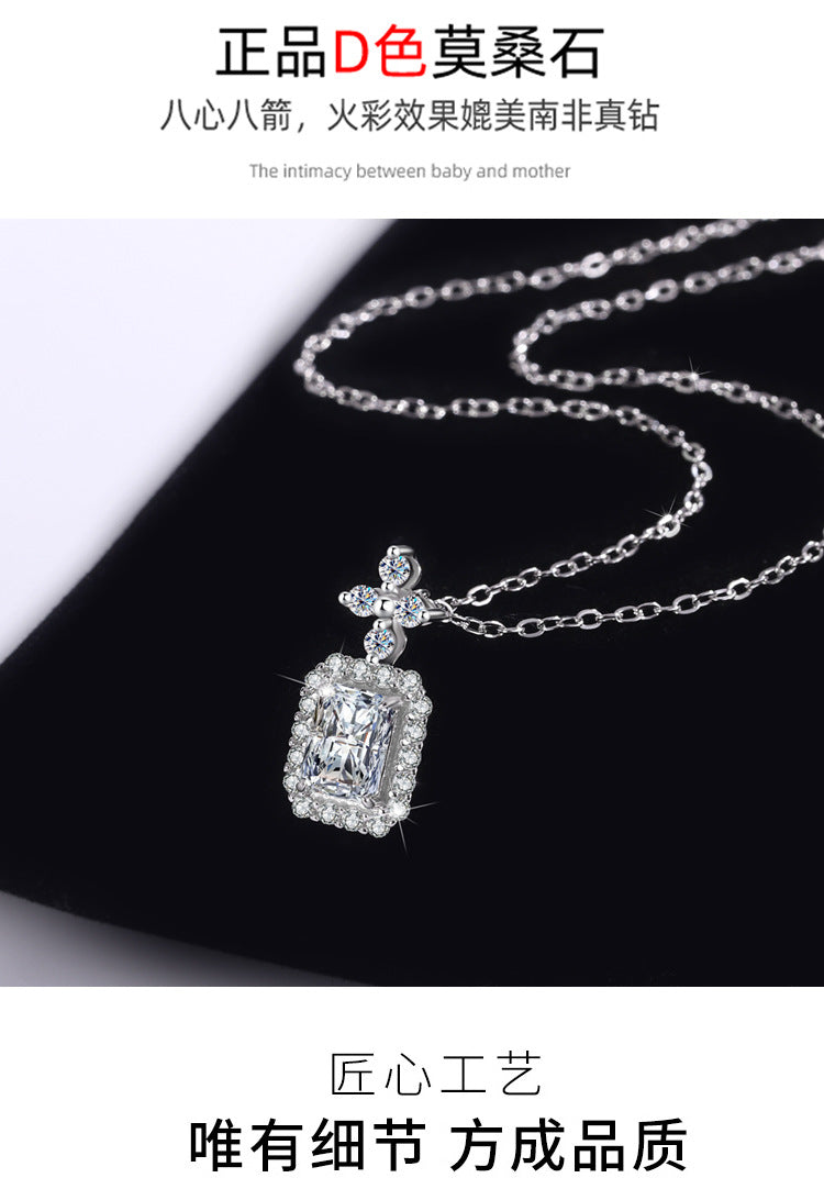 s925Silver pendant1Clarety Cut Moissanite Necklace for Women Fashionable Light Luxury Rectangular Pendant Collarbone Chain
