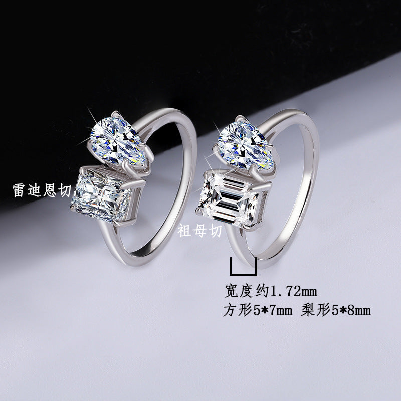 Cross-border hot selling S925Sterling Silver Moissanite Ring Irregular Heart Shape Emerald Cut Radiant Moissanite Women's Ring Wholesale