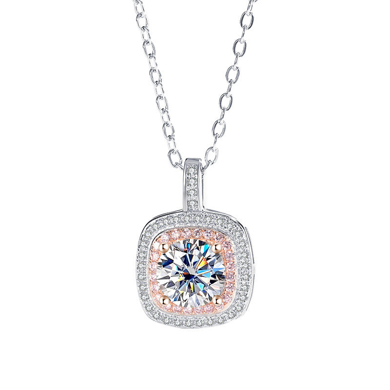 Exclusive for cross-border S925Sterling Silver Square Pendant Necklace for Women with Micro Pave Moissanite Diamond Pendant Clavicle Chain Wholesale for Live Streaming