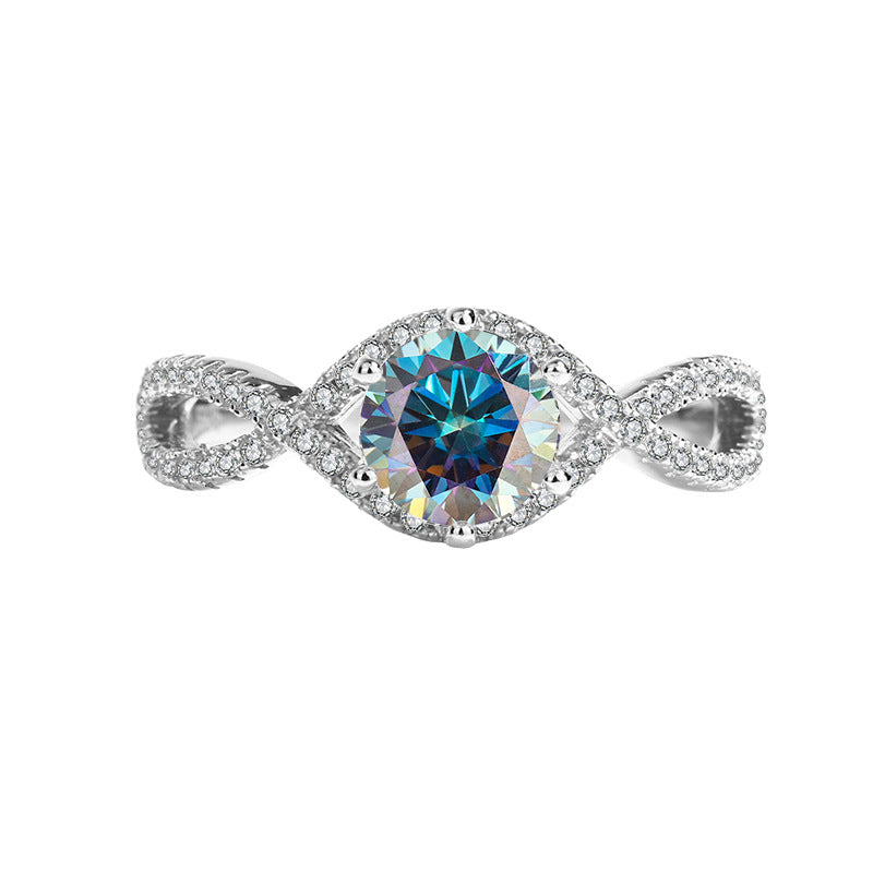 Factory Direct Sale Pure Silver Ring for Women with Moissanite Twist Arm Halo Diamond Ring One Carat Adjustable Women's Live Streaming Source Exquisite