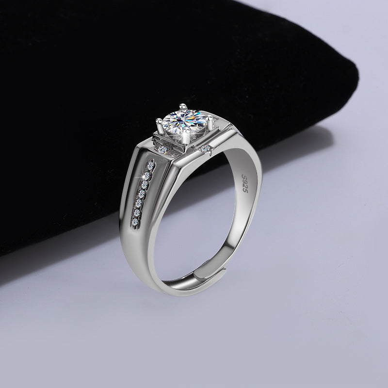 S925Sterling Silver Moissanite Ring Platinum Plated Knight Men's Ring One Carat Simple Elegant Men's Wedding Ring Factory Wholesale