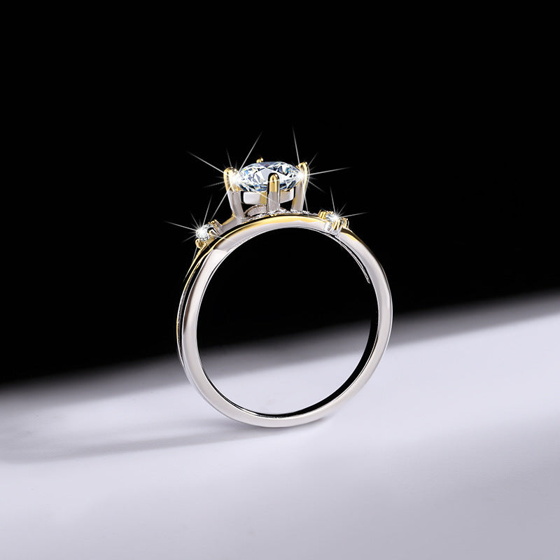 New One Carat Four-Prong Inlaid Sterling Silver Gold Color-Blocked Moissanite Simulated Diamond Women's Ring Direct Sale