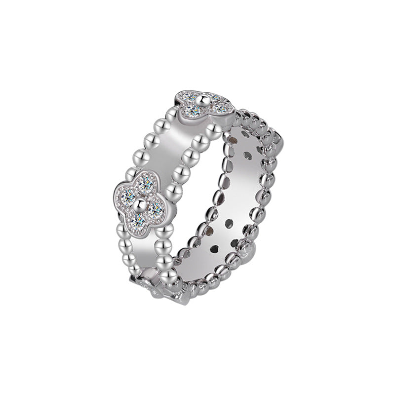 Cross-border hot selling S925Silver Full Diamond Moissanite Kaleidoscope Four-Leaf Clover Ring High-End Fashion Ring Factory Wholesale