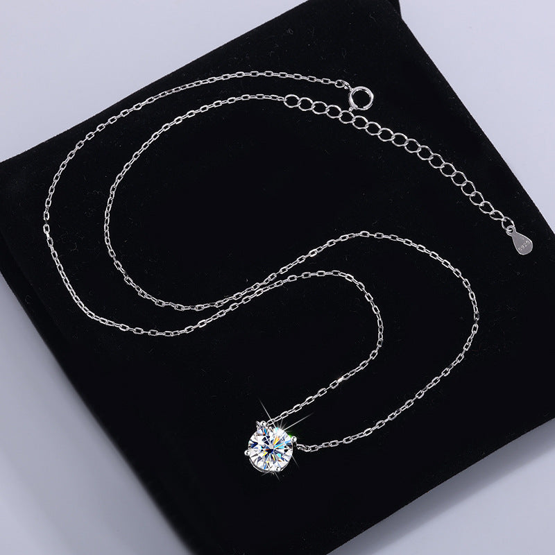 S925Sterling Silver Moissanite Classic Four-Prong Necklace for Women Plated PT 950Moissanite Light Luxury Collarbone Chain Live Streaming Hot Item