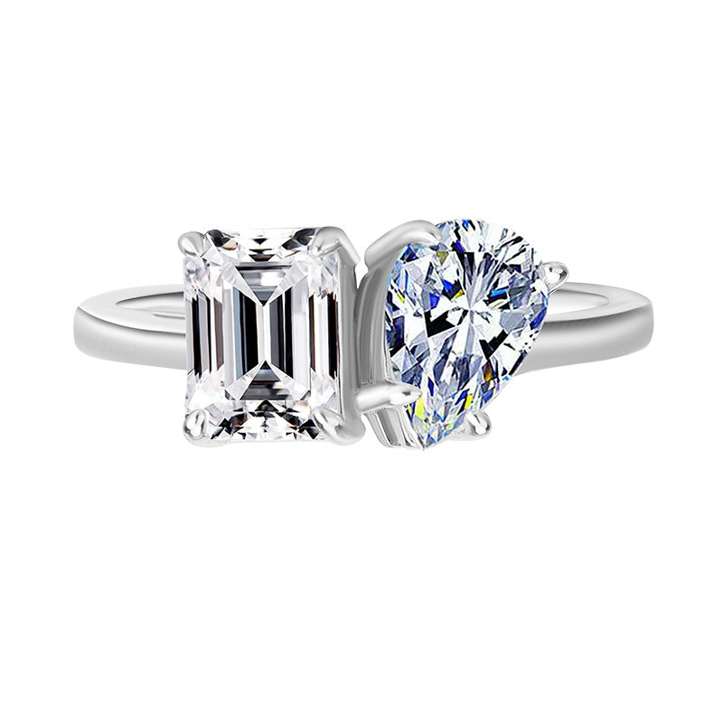 Cross-border hot selling S925Sterling Silver Moissanite Ring Irregular Heart Shape Emerald Cut Radiant Moissanite Women's Ring Wholesale